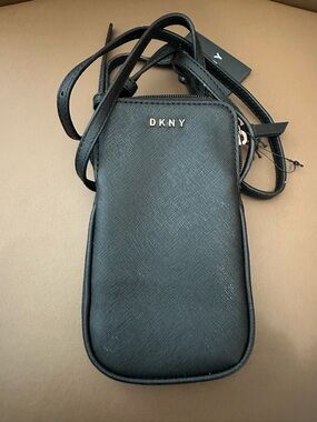 DKNY Black Saffiano Crossbody Phone Pouch with Gold Logo